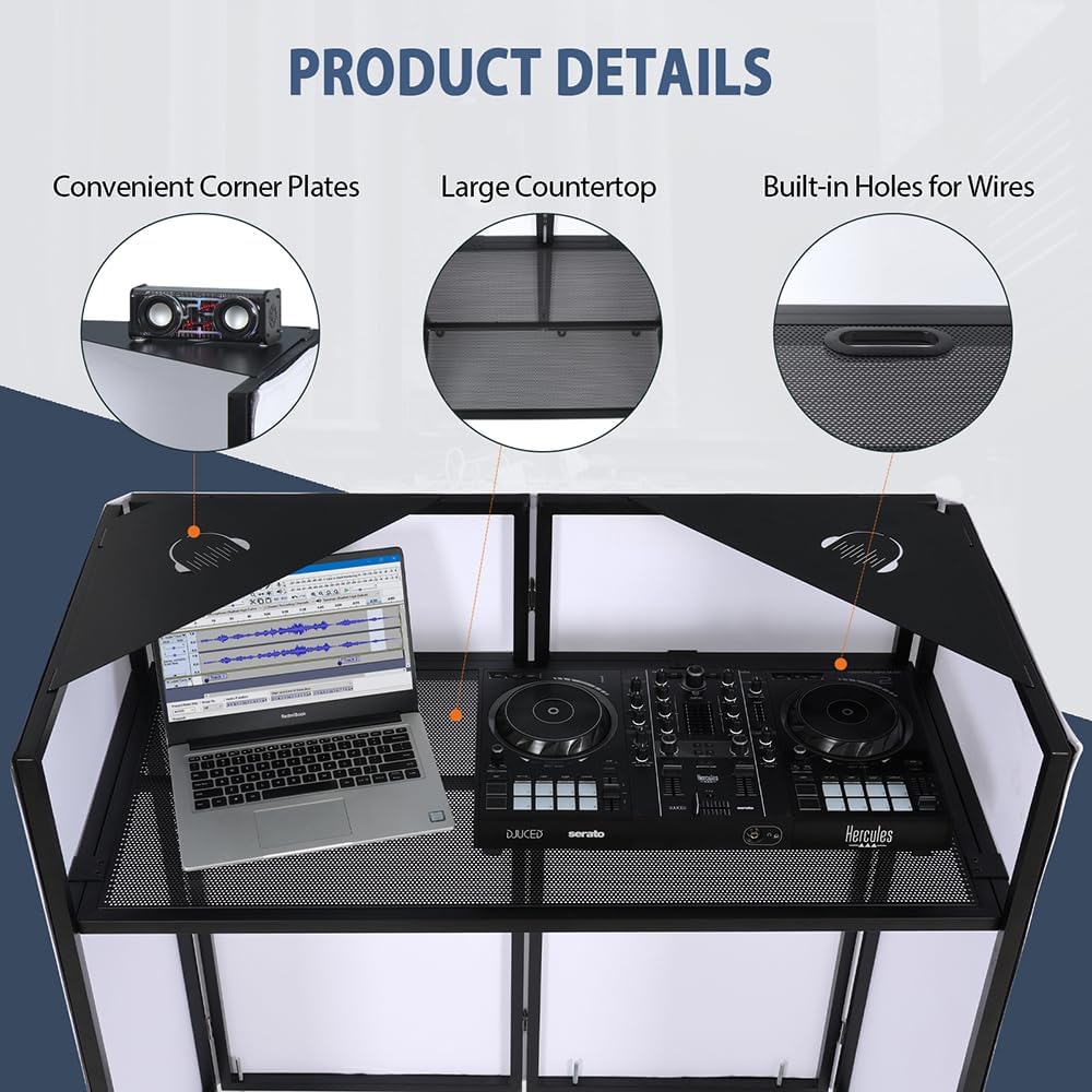 LUCKUP DJ Facade Booth 41"L x 20"W Portable DJ Facade with White & Black Scrim, Foldable DJ Table