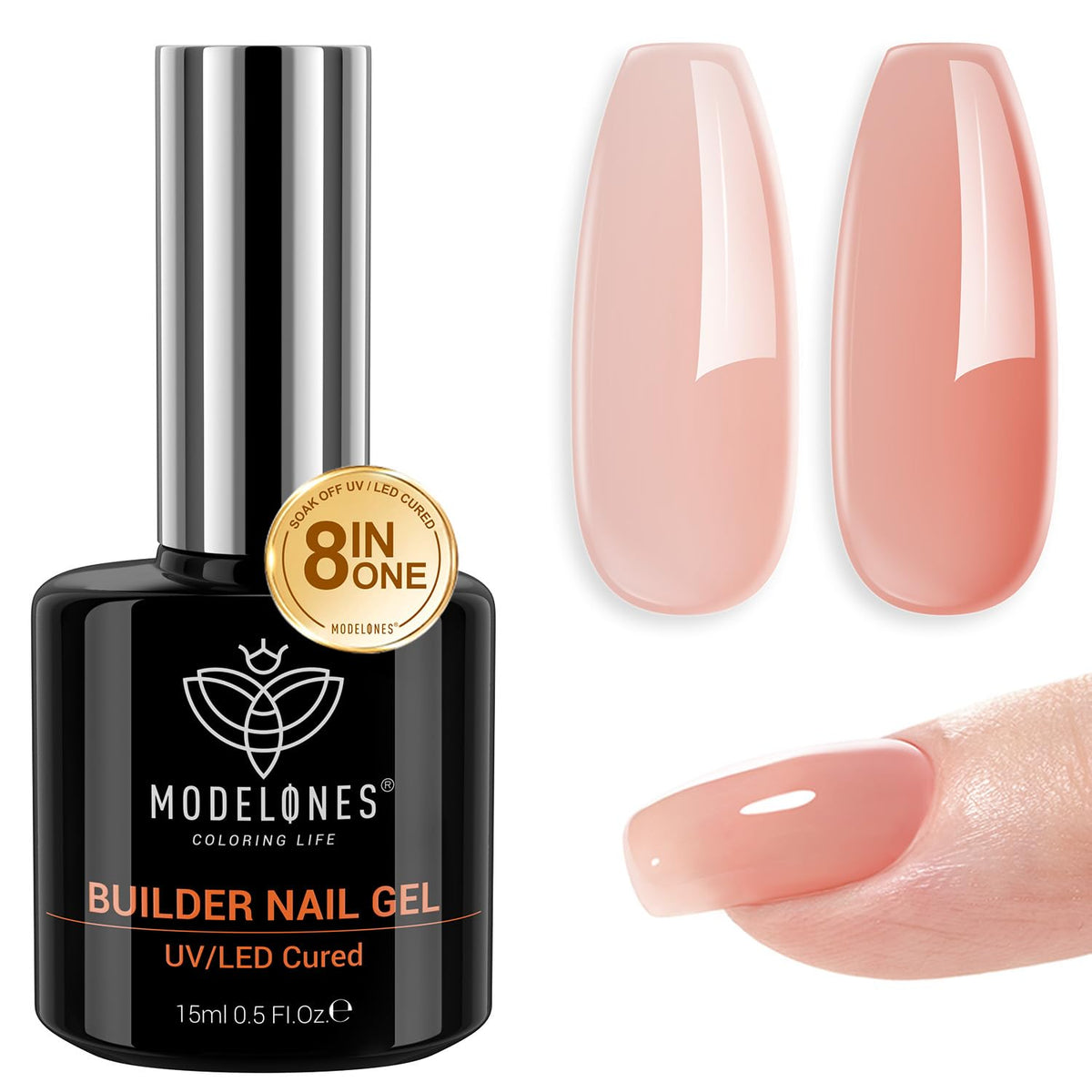 modelones Builder Nail Gel, 8-in-One Sheer Nude Pink Builder, Apricot Blush Pink Rubber Base for