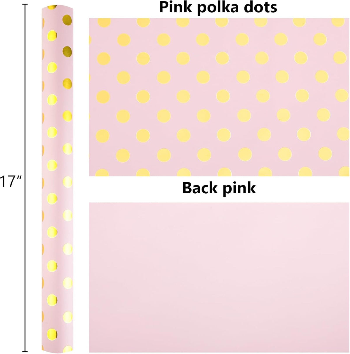 Burymento Pink and Gold Dots Wrapping Paper, Reversible Pink Gift Wrap for Birthday, Valentines