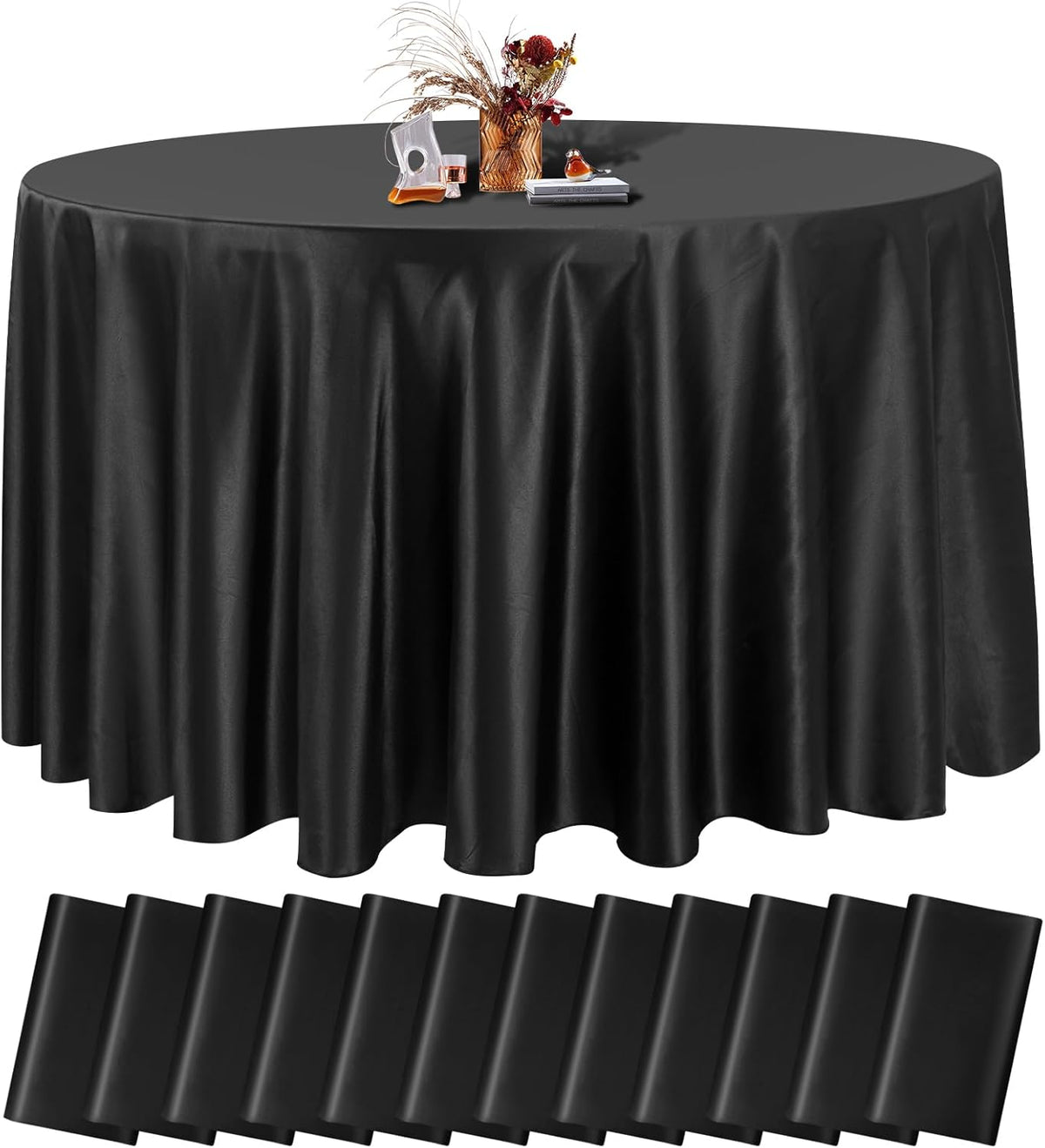 fani 12 Pack 120 Inch Black Satin Tablecloth - Premium Bright Silky Round Tablecloth Overlay Smooth