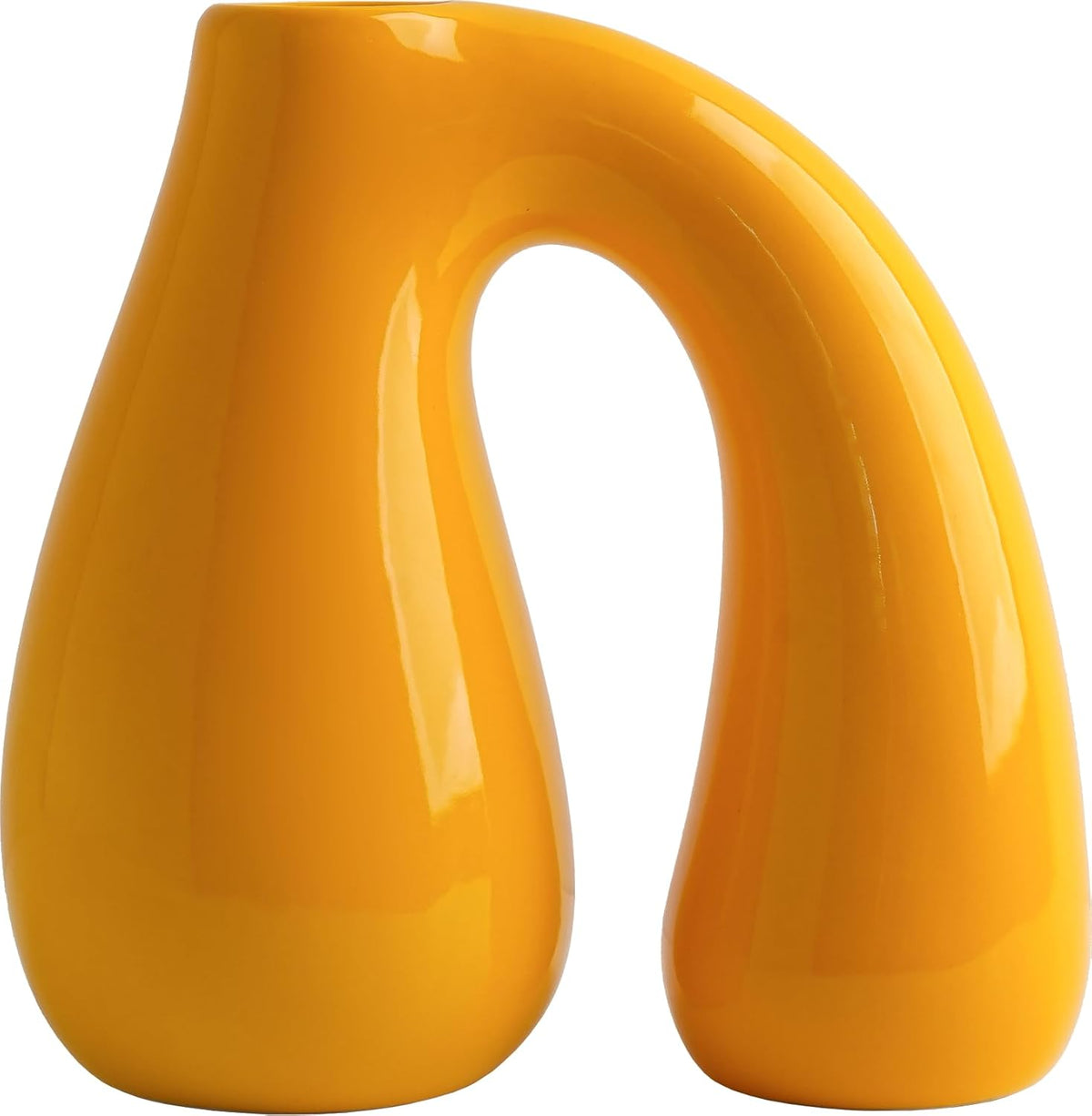 Yellow Ceramic Vase – Glossy Modern Sculptural Décor, Arch Handle Artistic Design, Bright Accent