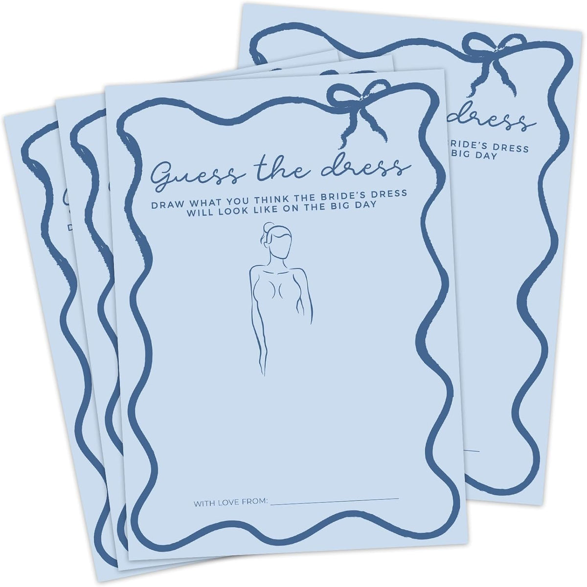 DEEKA 30 PCS Bridal Shower Games Card for 30 Guests Blue Wavy Border Ribbon Bow Funny Wedding