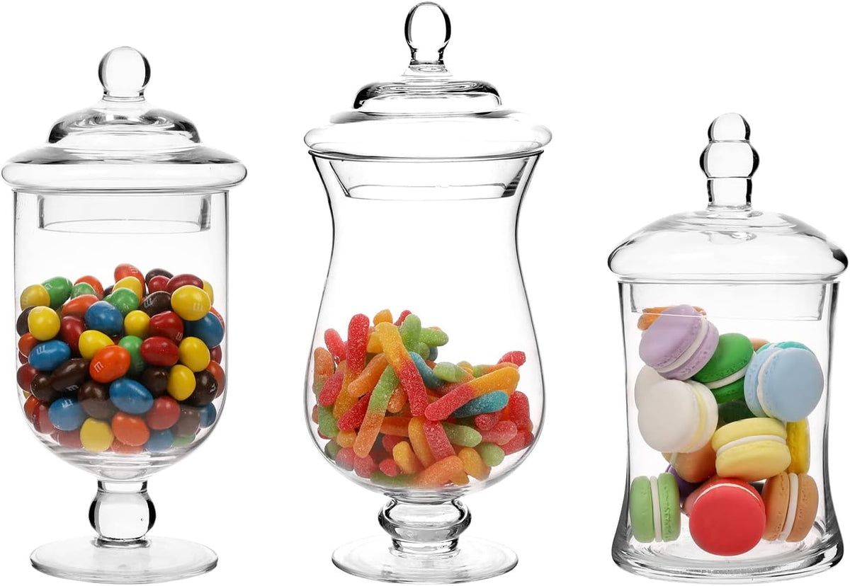 MyGift Clear Glass Apothecary Jars with Lid, Decorative Footed Vase, Candy Buffet Containers, Set