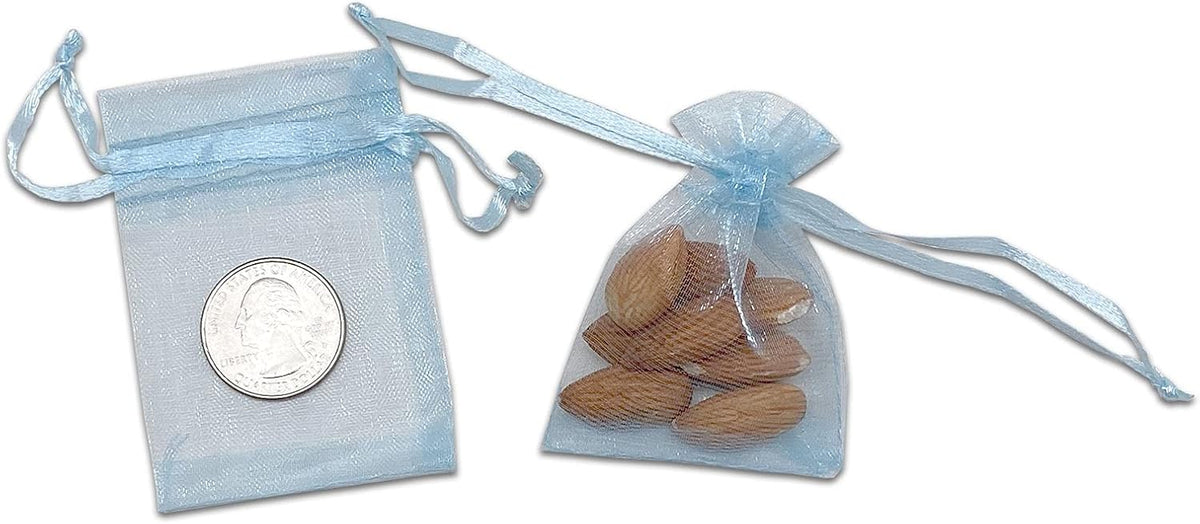 TheDisplayGuys 100-Pack XS 2x2 3/4" Blue Sheer Organza Gift Bags with Drawstring, Jewelry Candy