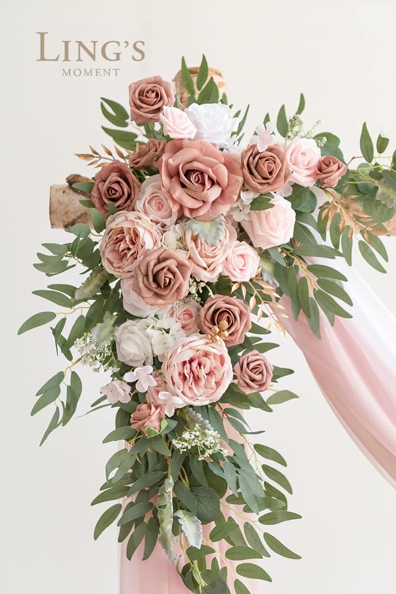 Ling's Moment Pink Artificial Wedding Arch Flowers Kit Pack of 4, 2pcs Hanging Flower Arrangement