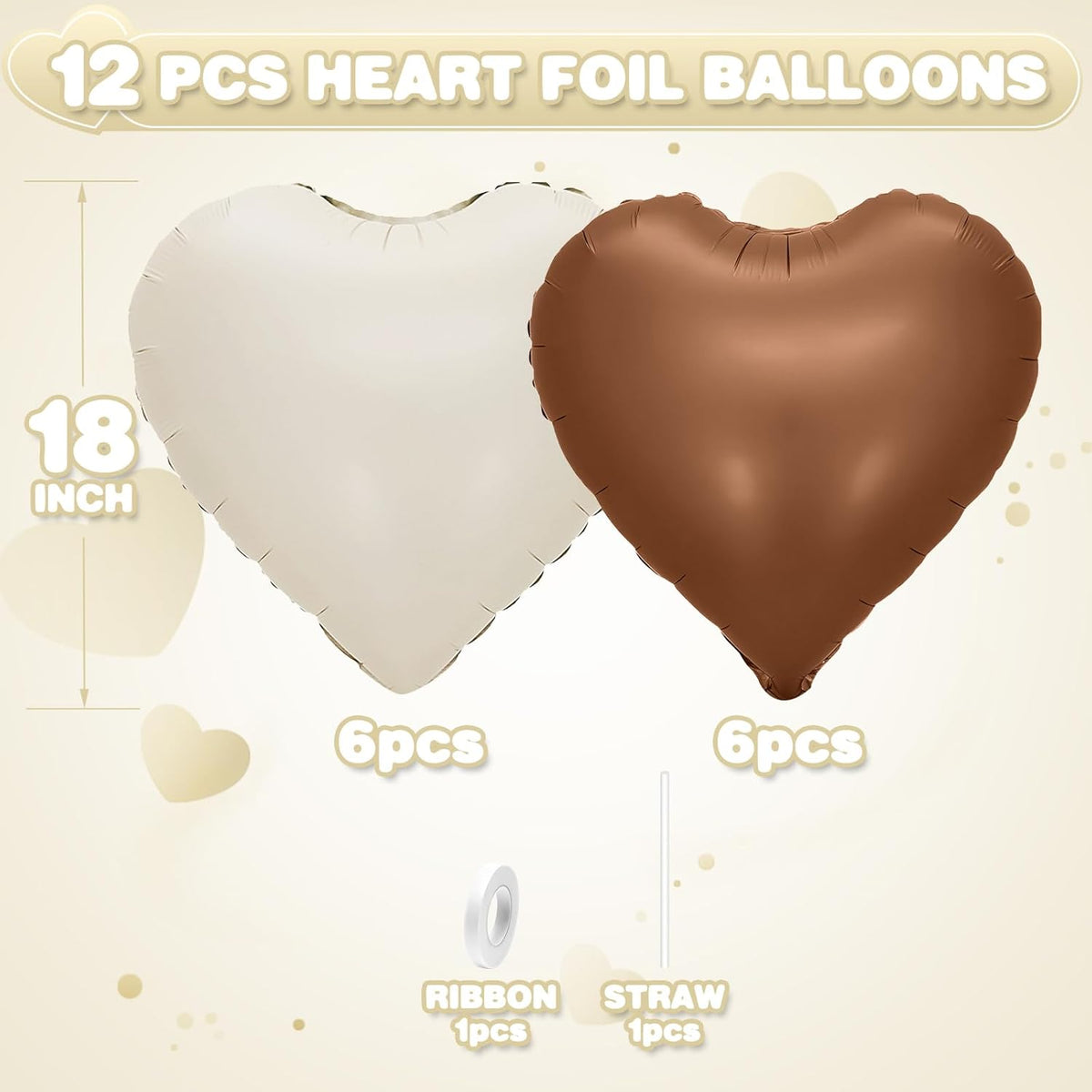 Sand White Brown Heart Balloons,12Pcs 18Inch Cream White Coffee Brown Heart Shaped Foil Helium
