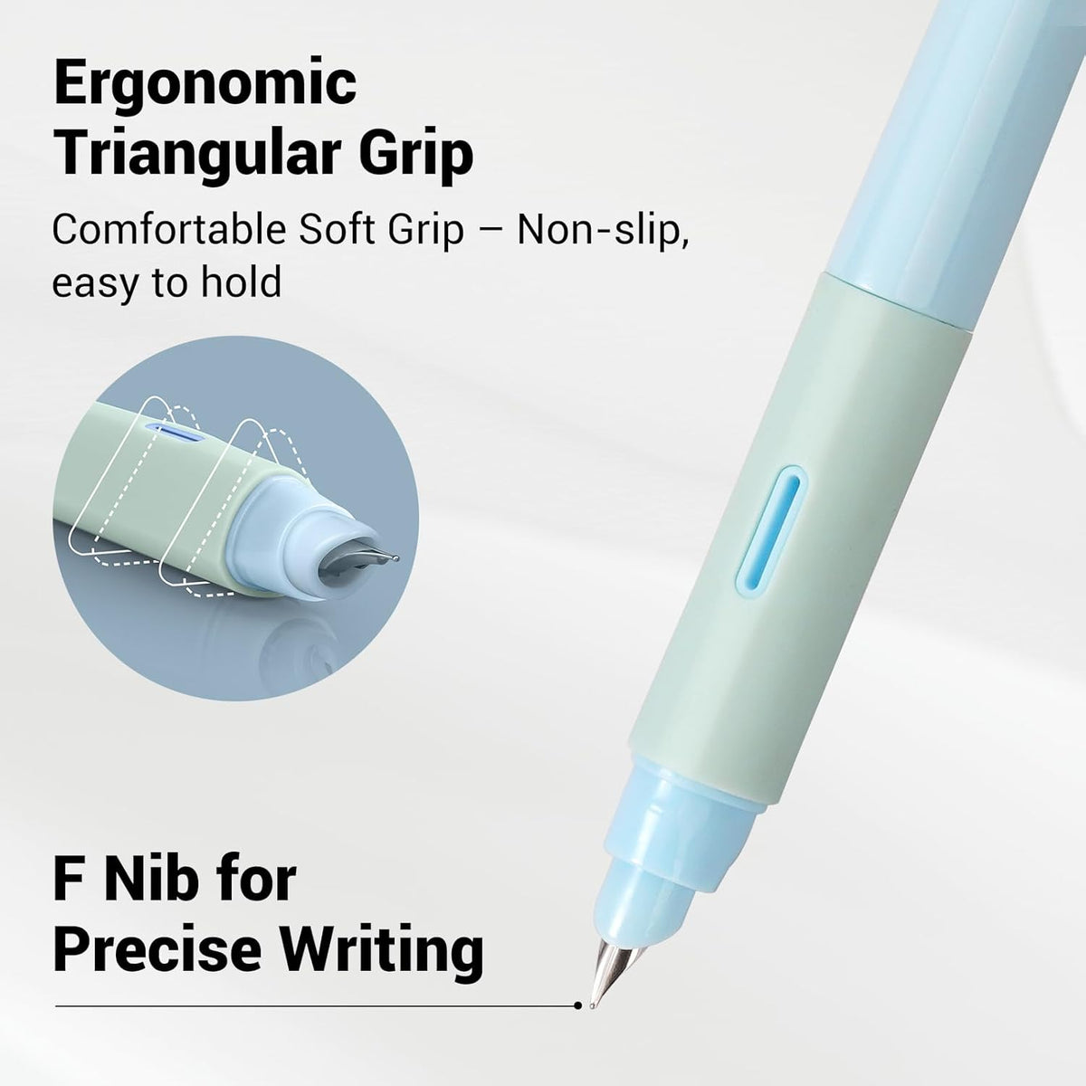 WRITECH Soft Grip Fountain Pen: Black Ink Fine Nib Pen with 1 Replacement Nib Set and 3 Ink