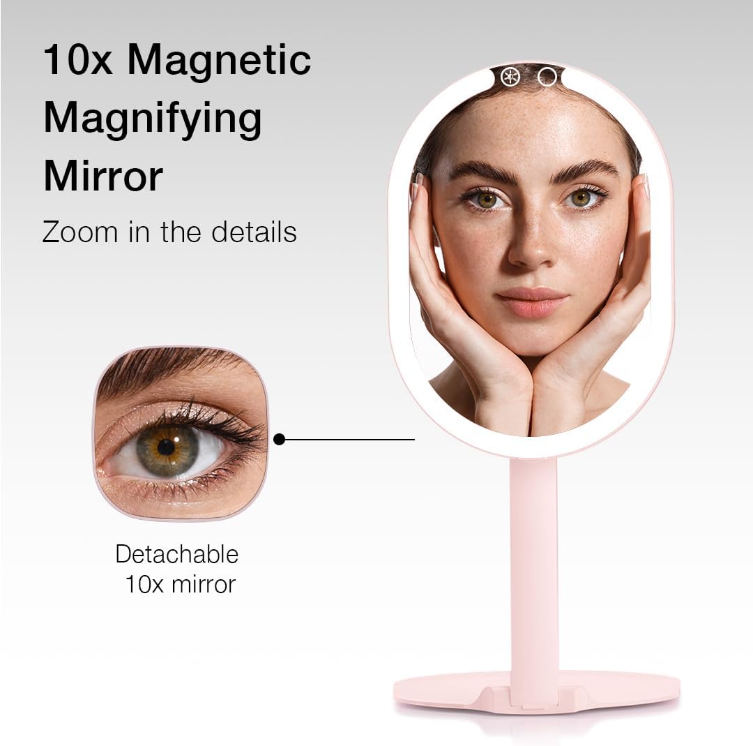 Fancii LED Rechargeable Portable Makeup Mirror with 3 Color Light Settings & 10x Magnetic
