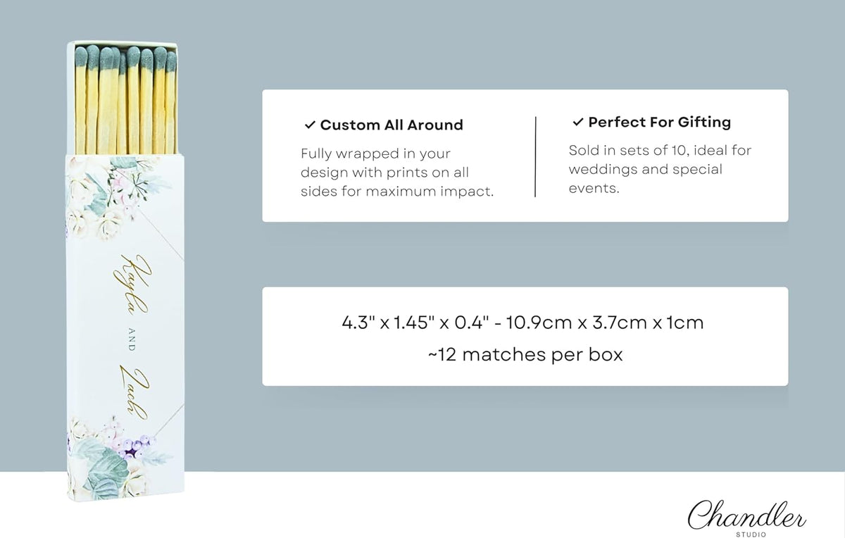 10 Boxes - Customized Matchboxes Colorful Tips (Wedding Design #5, 4" Matchboxes) (4" Matchsticks