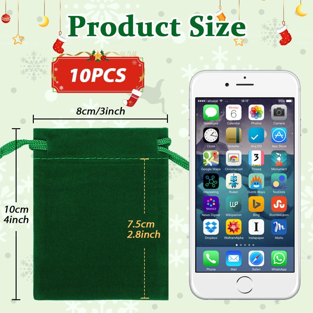 Shintop 10pcs Small velvet bags, 3x4inch Green Jewelry Pouches Drawstring Gift Packaging Cloth Dice