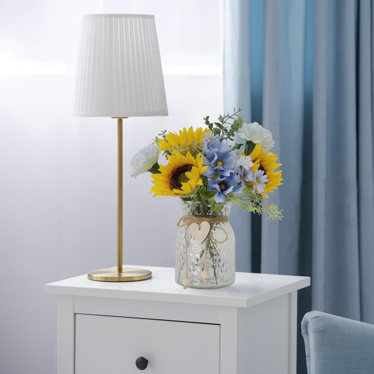 Leftover Faux Flowers in vase,Table centerpieces for Dining Room,Blue-Yellow Sunflower Flower