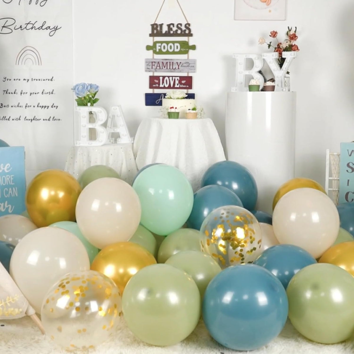 Paready Sage Green and Dusty Blue Balloon Set, 50Pcs 12 Inch Metallic Confetti Gold Apricot