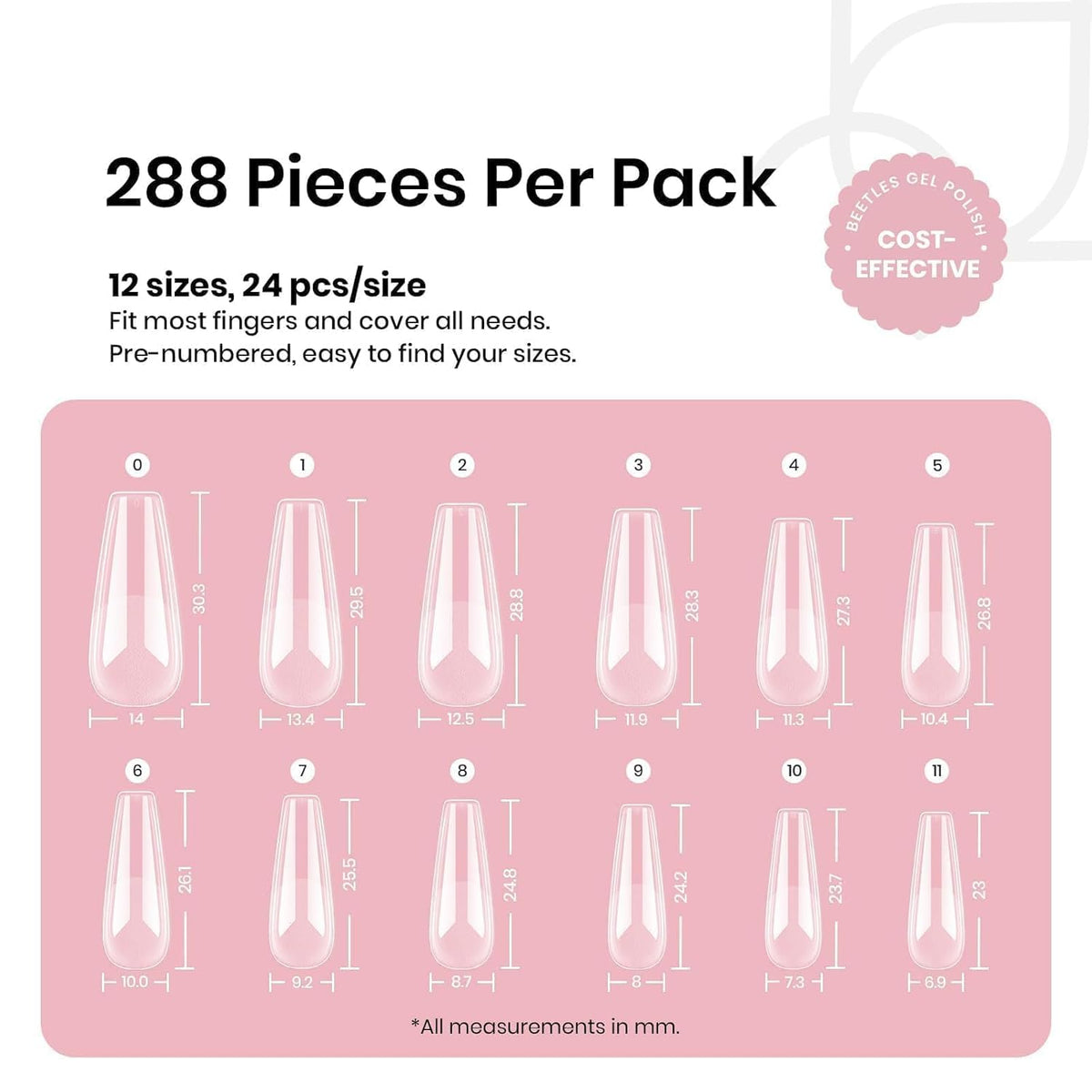 Beetles Coffin Long Gel Nail Tips –Pre-Etched Half Matte Full Cover, 288 Pieces, Pre-Shaped in 12