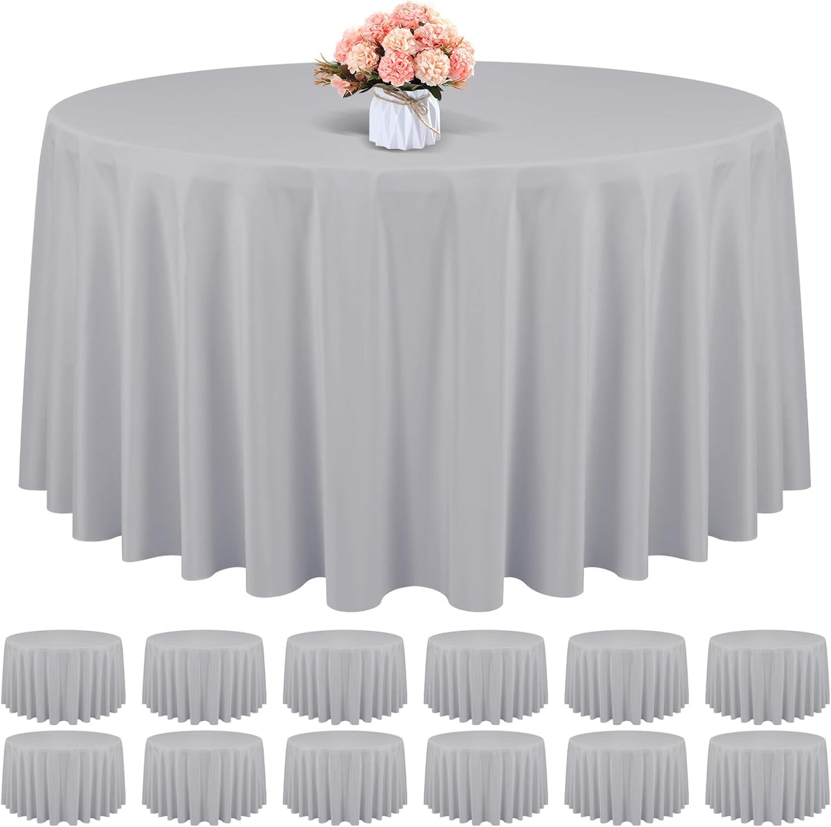 12 Pack Round Tablecloth 120 Inch - Light Grey Polyester Table Cloth for Round Table, Premium Light