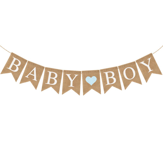 Pre-Strung Baby Boy Burlap Banner, Gender Reveal Banner for Baby Shower Party Decorations (Light