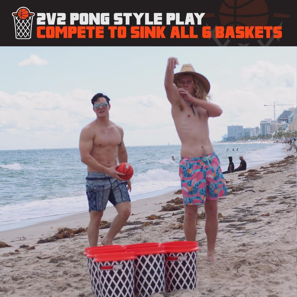 Giant Yard Pong and Basketball Game with 12 Buckets, 2 Balls, Carrying Bag, and Air Pump – Outdoor