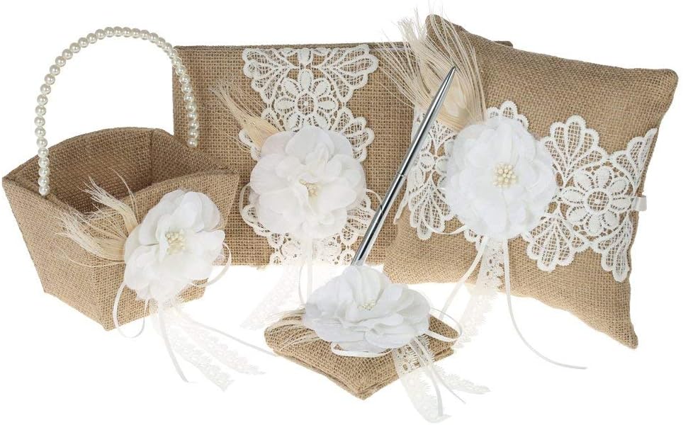 Fbest 4pcs/Set Vintage Rustic Burlap Wedding Supplies Flower Girl Basket + Ring Bearer Pillow +