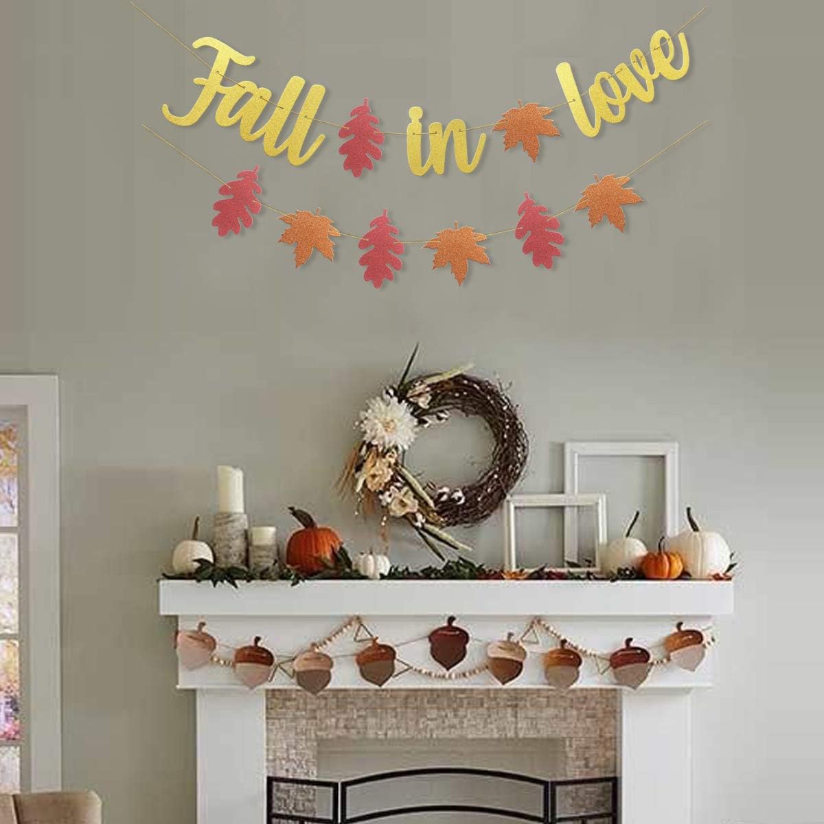 Uniwish Pre-Strung Fall in Love Banner Gold Glittery Garland Thanksgiving Fall Autumn Theme Wedding