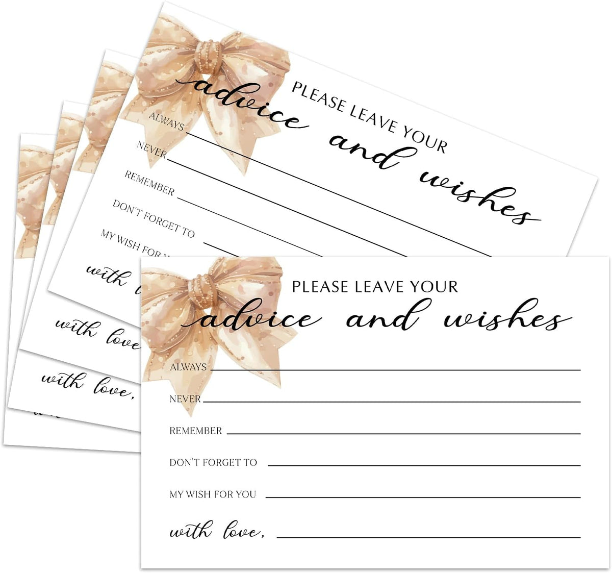 25 Advice and Wishes Cards, Bow Fill-In Advice Cards for Bridal Shower Wedding Birthday Party Baby