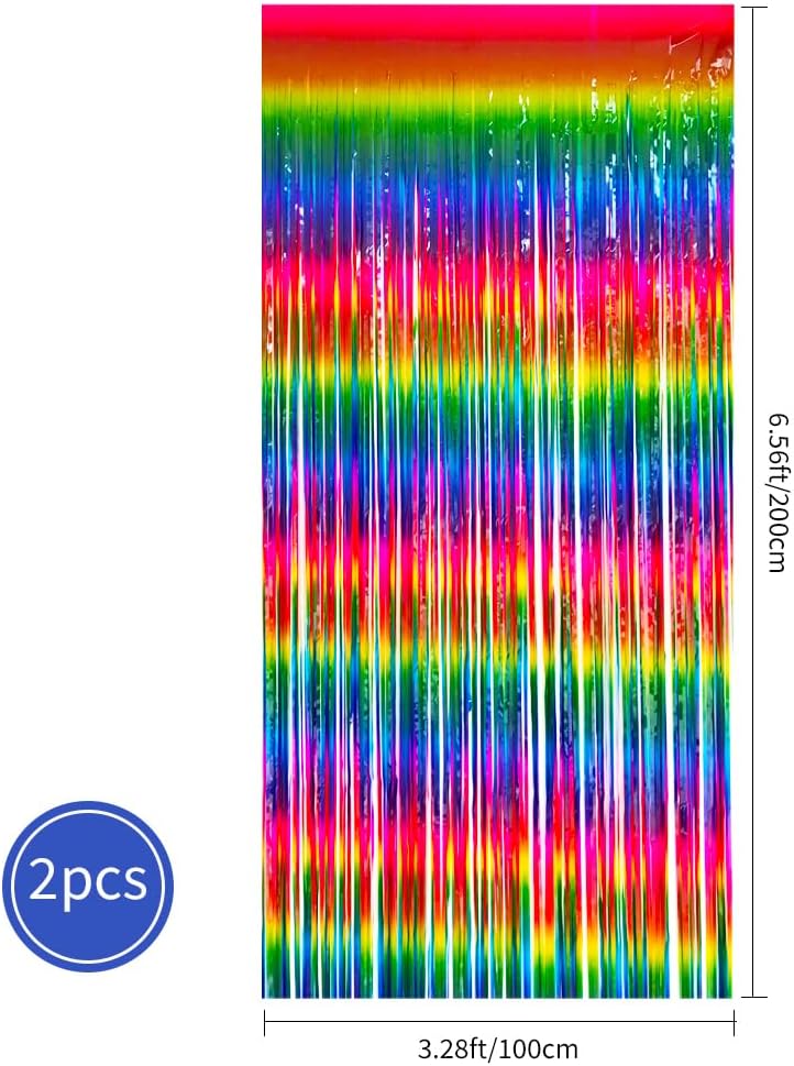 BEISHIDA 2 Pack Dark Rainbow Colorful Foil Fringe Curtain, Assort Color Tinsel Metallic Curtains