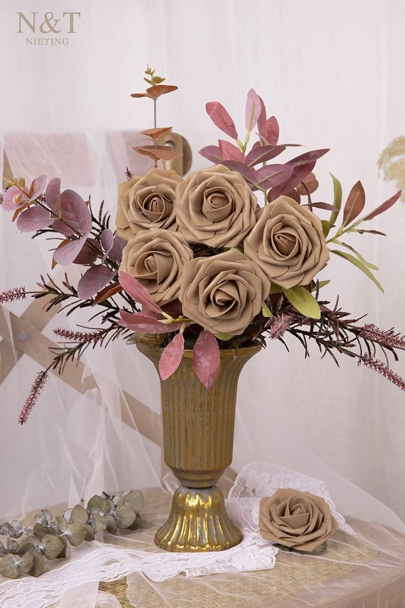 N&T NIETING Brown Roses Artificial Flowers, 25pcs Fake Flowers Bulk Perfect for DIY Fall Wedding