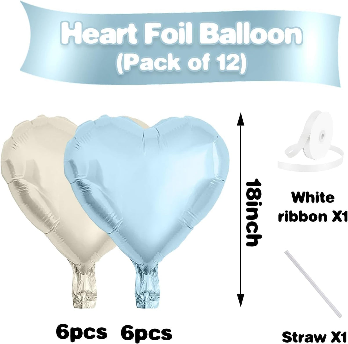 Baby Blue White Heart Balloons,12Pcs 18 Inch Blue Cream Foil Love Heart Shaped Balloons for Baby