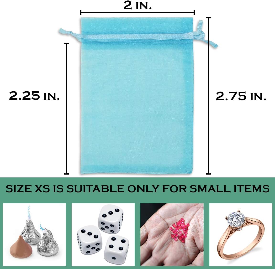 TheDisplayGuys 100-Pack XS 2" x 2 3/4" Turquoise Blue Sheer Organza Gift Bags with Drawstring