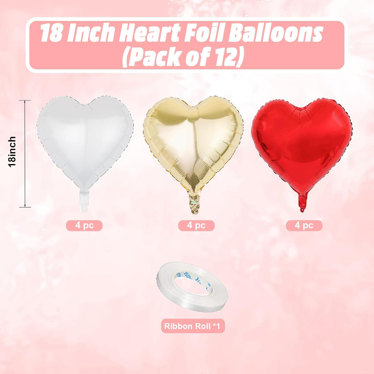 Red Gold Heart Balloons, 18 Inch Red White Champagne Gold Heart Shape Balloon, 12PCS White Helium