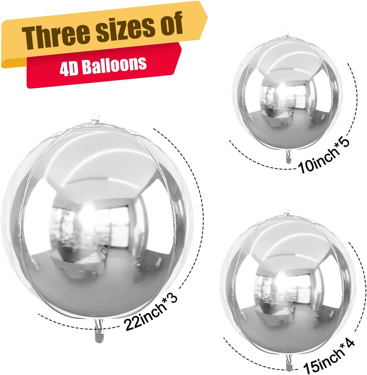 12Pcs Silver Round Foil Balloons, 22" 15" 10" 4D Ball Balloons, Metallic Silver Foil Balloon for