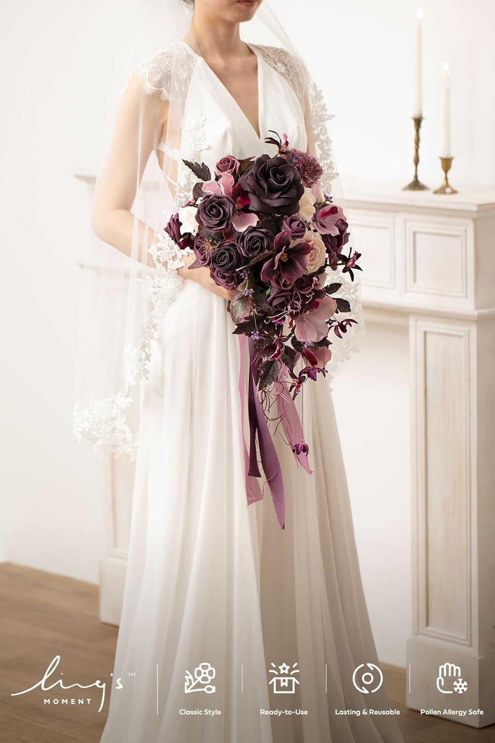 Ling's moment Purple Bridal Bouquet Cascading, Plum Wedding Bouquets for Bride, 13 Inch Bride