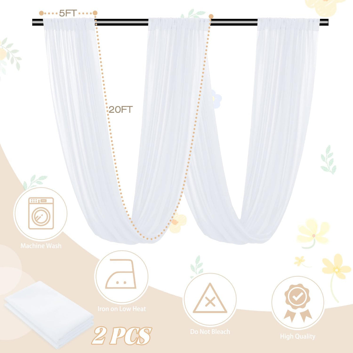 Ceiling Drapes Wedding Arch Draping Fabric White 5FTx20FT 2 Panels Arch Decorations for Ceremony