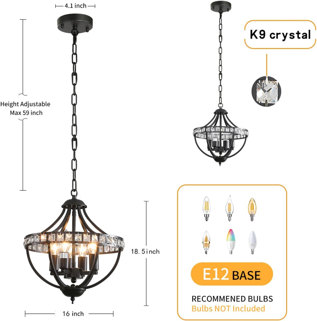 Farmhouse Crystal Ceiling Hanging Chandelier,16inch Black Rustic Vintage Pendant Light Fixture for