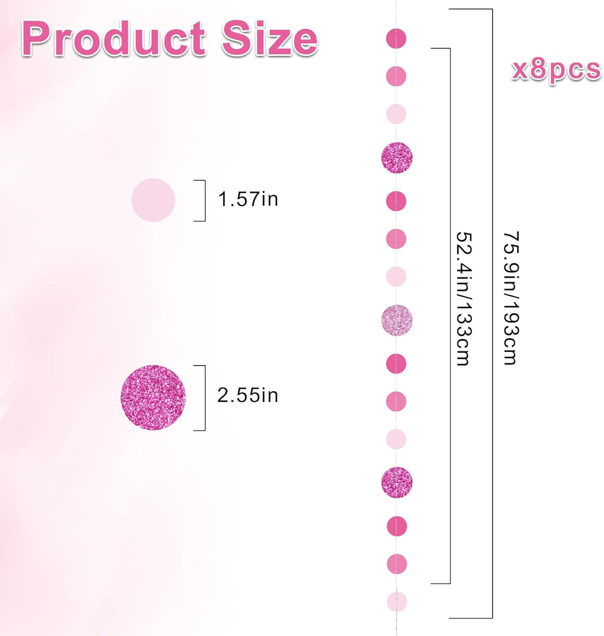 8 Pack Pink Glitter Dot Garland, Hanging Circle Streamers Banner, Backdrop Hanging Decorations for