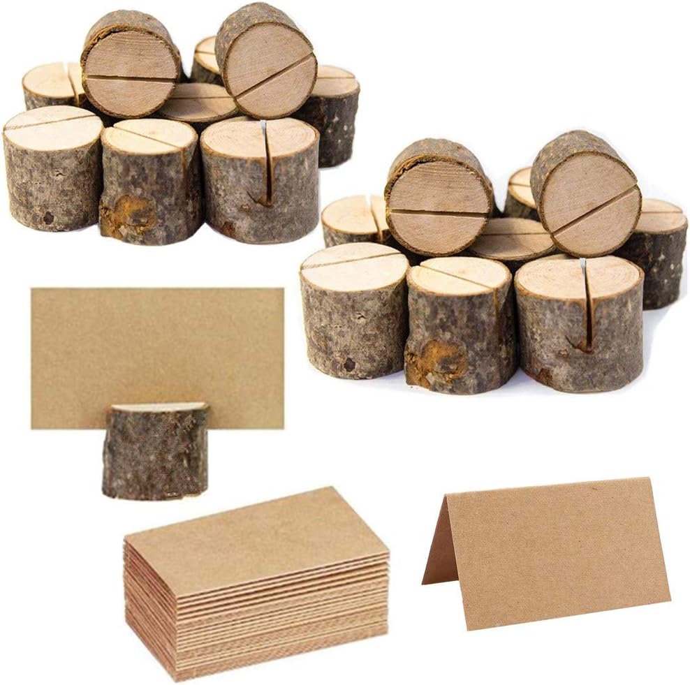 20Pcs Rustic Wood Table Numbers Holder and 30Pcs Kraft Table Place Cards Wood Place Card Holder