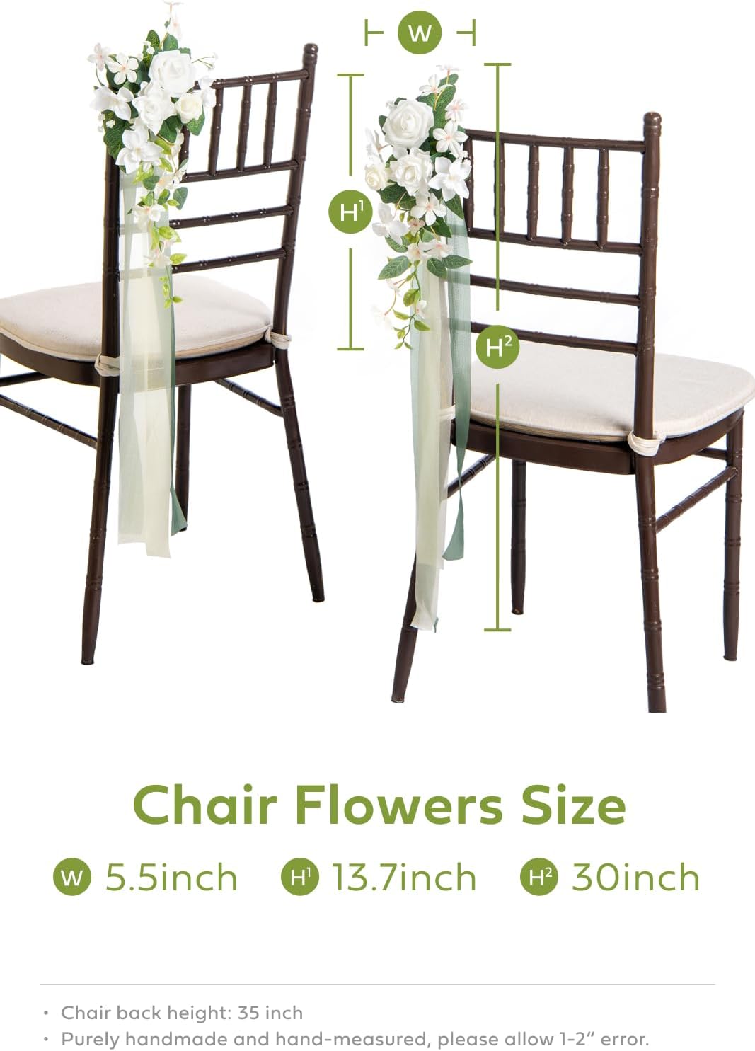 Ling's moment 8pcs Wedding Artificial Aisle Pew Flowers Chair Decorations White & Sage Green