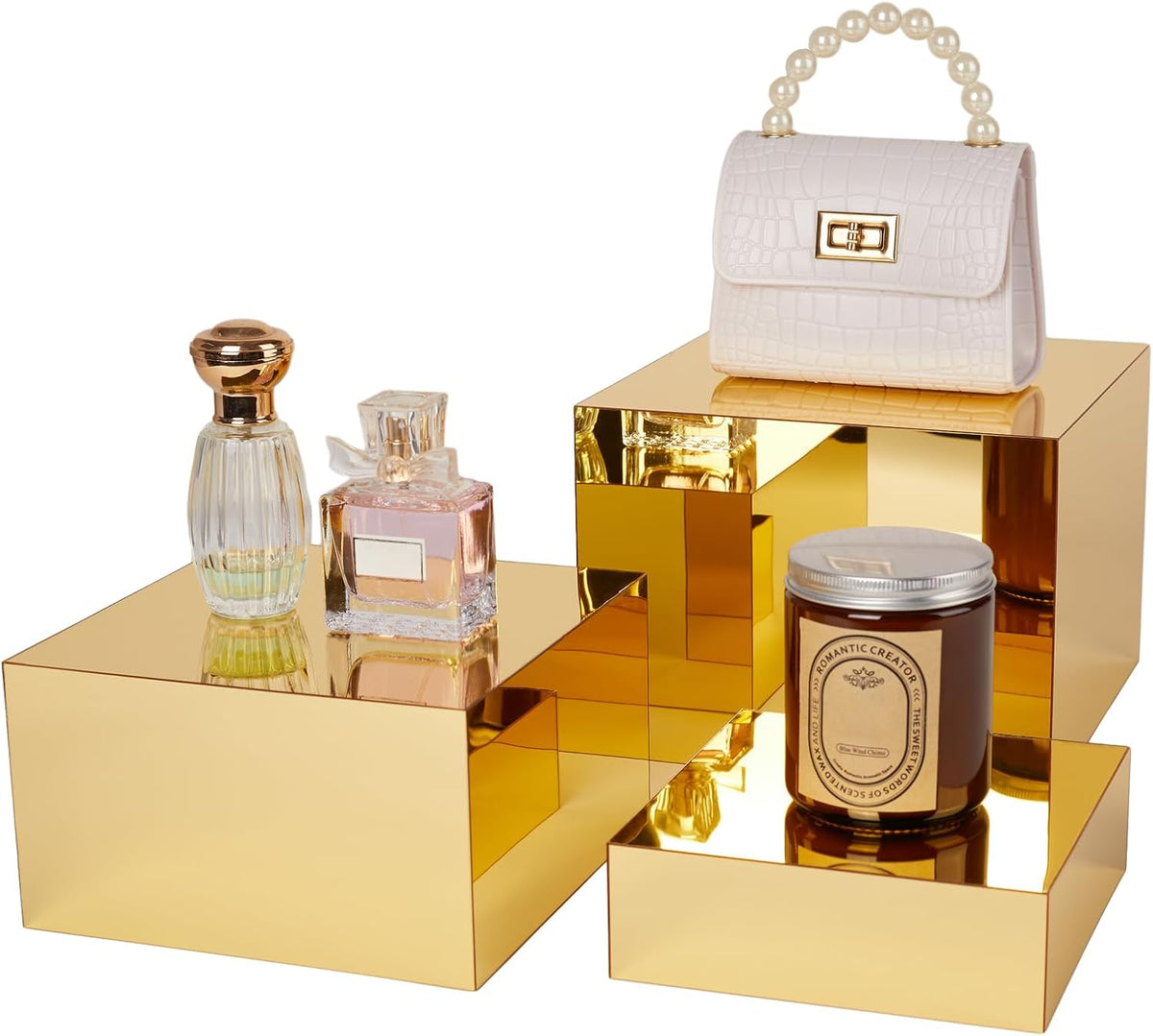 3 Pcs Acrylic Risers for Display, Acrylic Cube Boxes Gold Risers Food Display Risers Stand Shelf