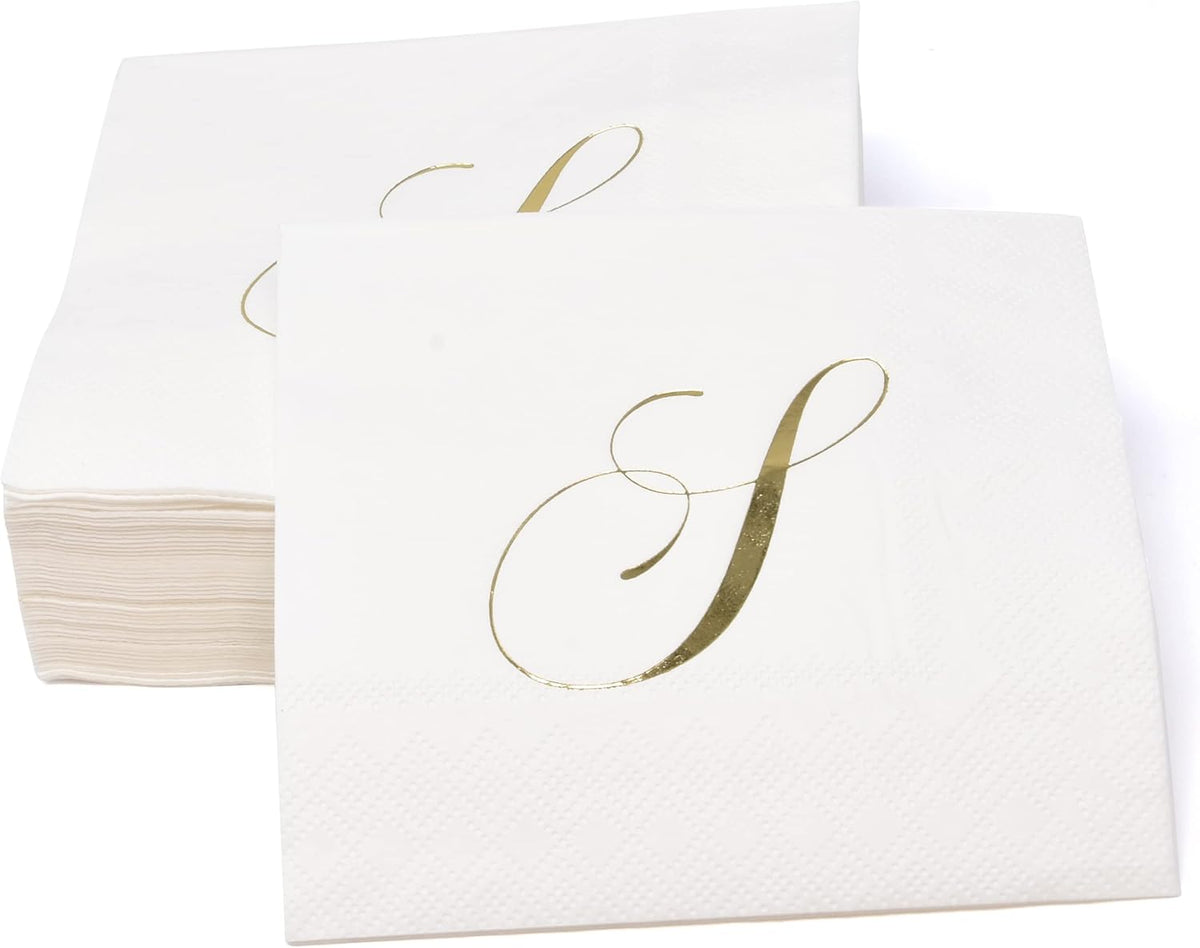 Gift Boutique 100 Gold Monogram Cocktail Napkins Letter S Disposable Paper Pack Elegant Metallic