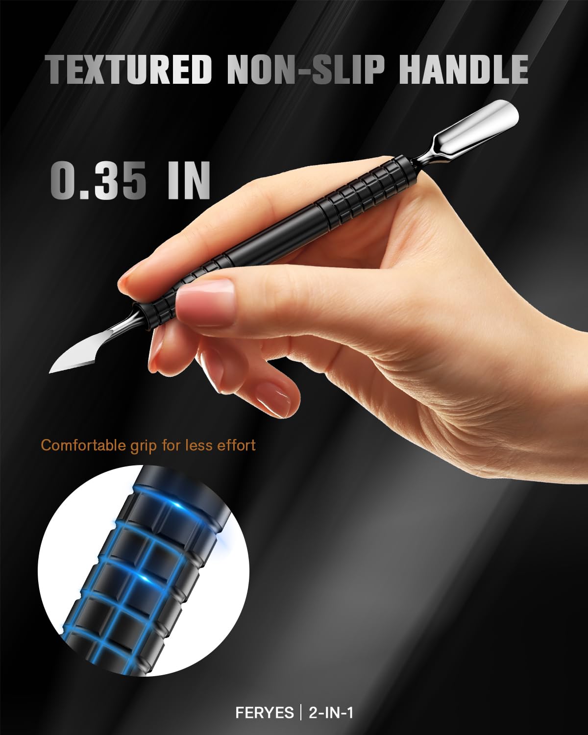 FERYES Upgraded Dual Head Cuticle Pusher Remover Tool - Curved & Chisel Edge Stainless Steel