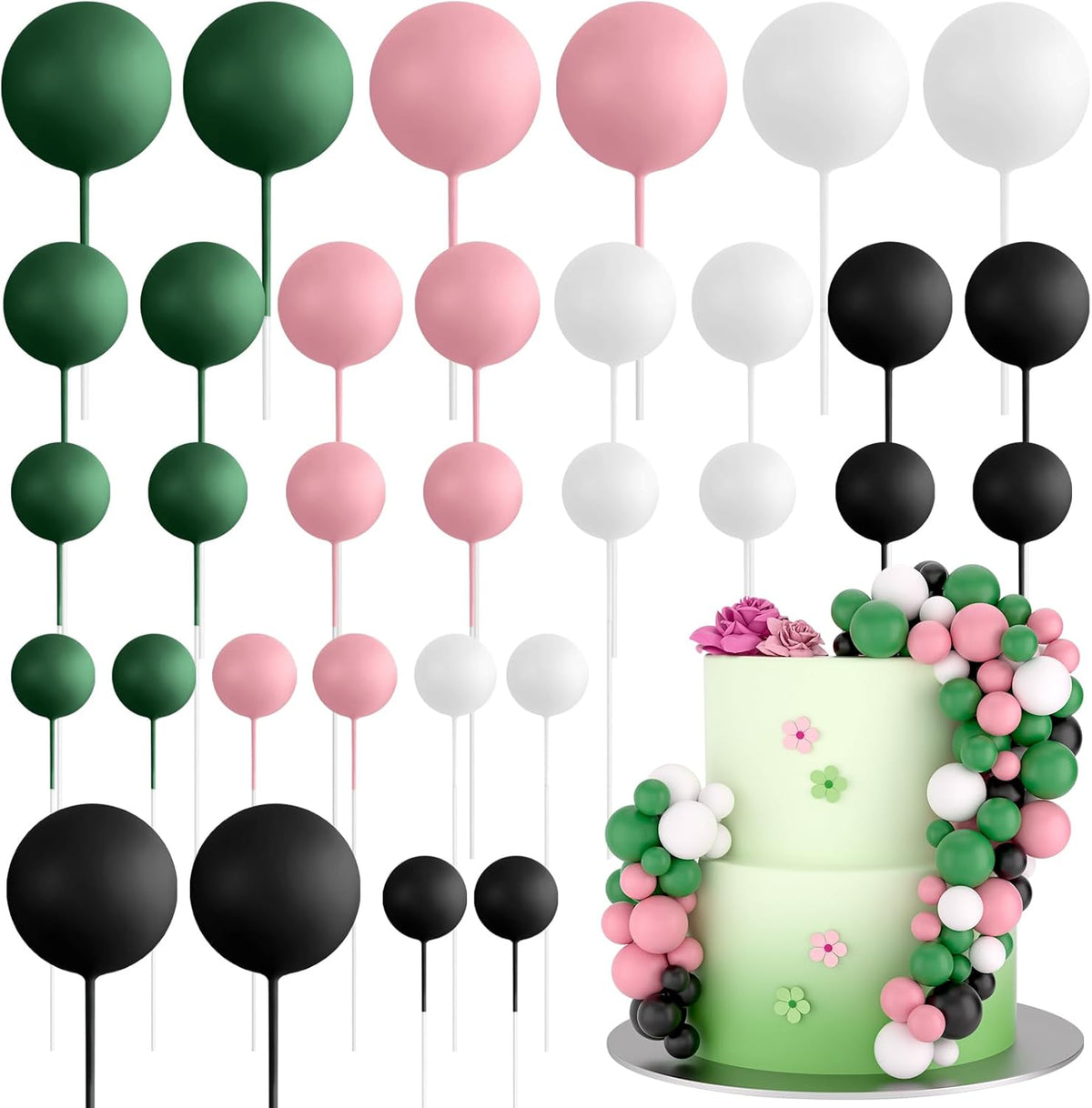ASTARON 32 Pcs Ball Cake Topper Decorations Mini Balloons Birthday Cake Toppers Foam Balls Sticks