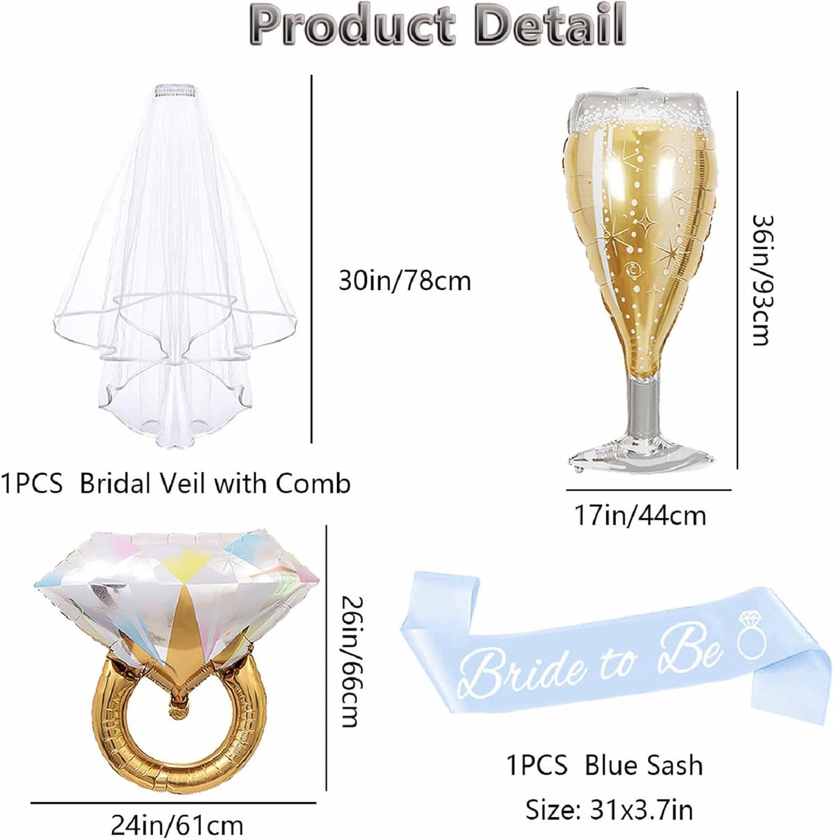 4PCS Bachelorette Blue Sash and Veil for Bride Party, Bride To Be Accessories for Bridal Shower
