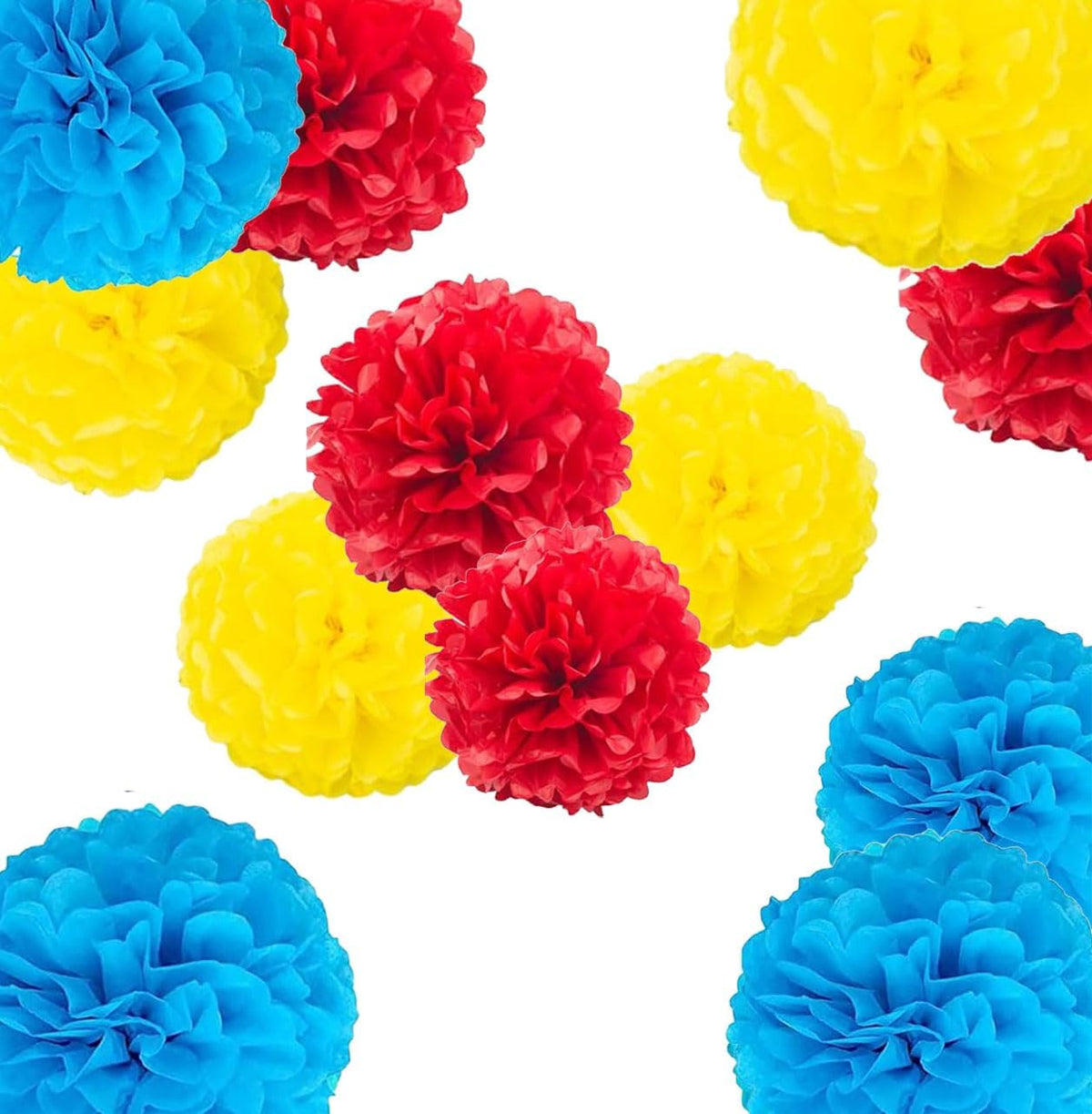 Blue Yellow Red Paper Pom Poms,Party Tissue Paper Flowers Balls,Party Hanging Decoration Supplies