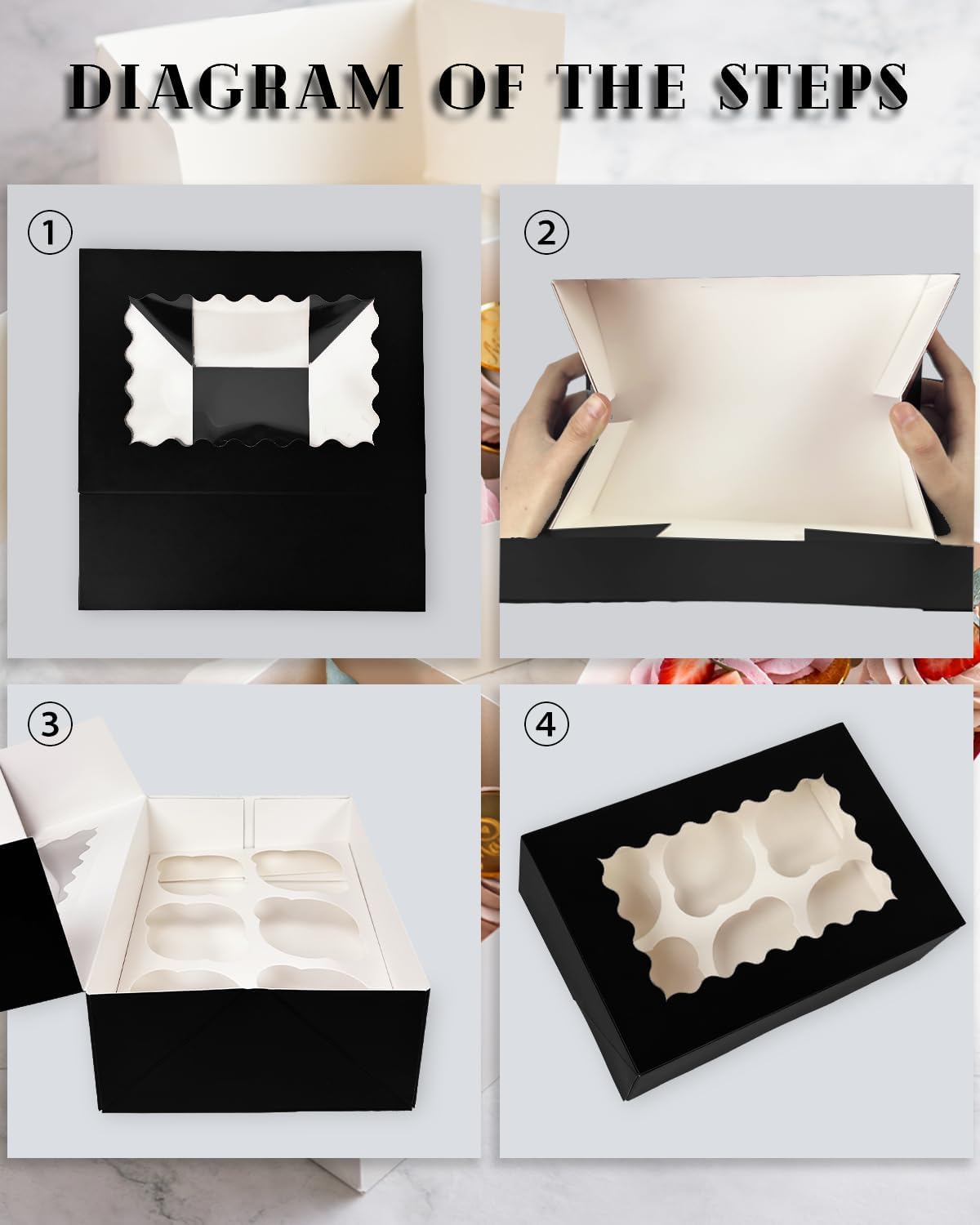 Bakepacker Auto-pop up 6 Cupcake Boxes with Window 20 Count Black Box 9.4 x 6.1 x 3 inch Cupcake