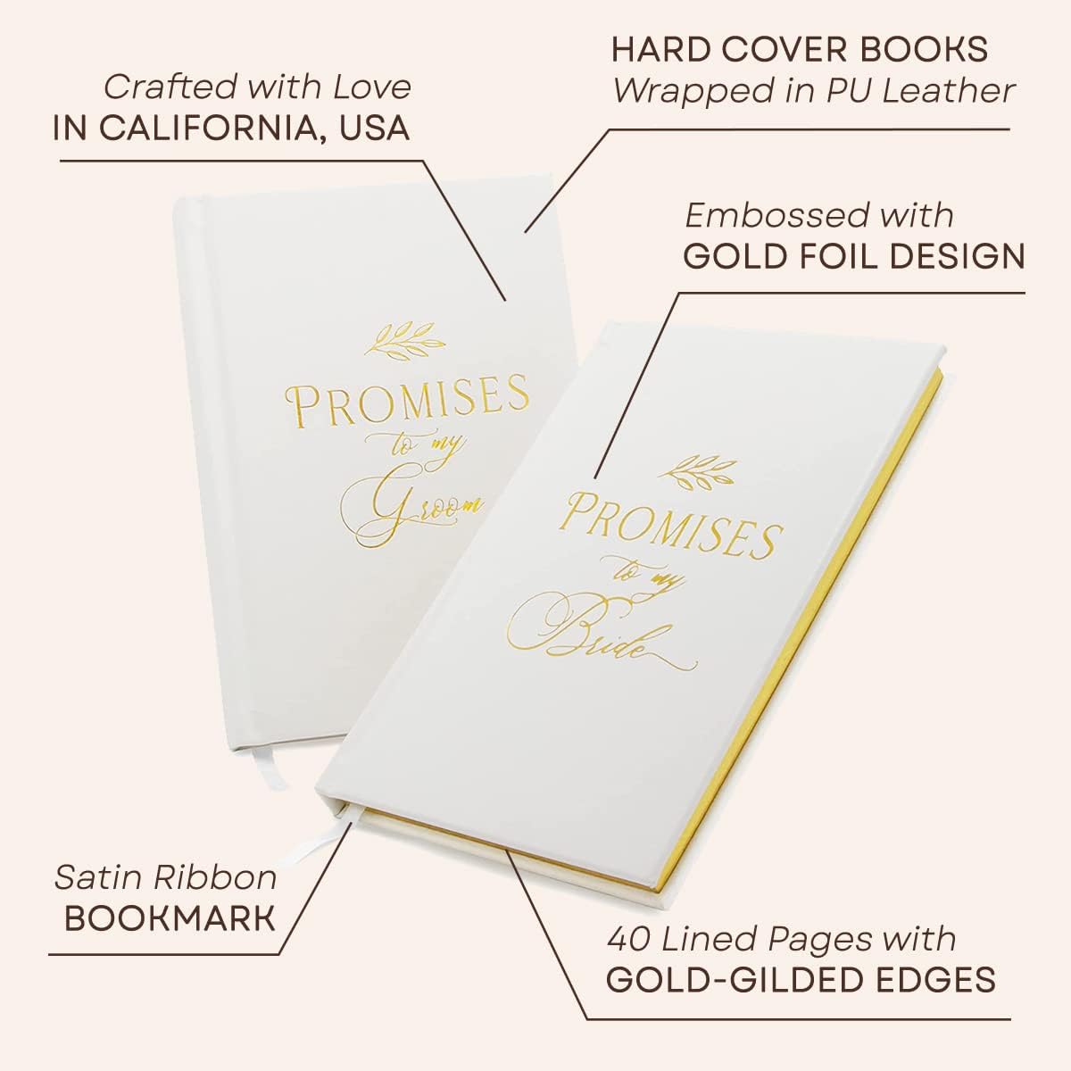 MUUJEE Promises To My Groom and Promises to My Bride Wedding Vow Books (Set of 2) - White Gold Foil