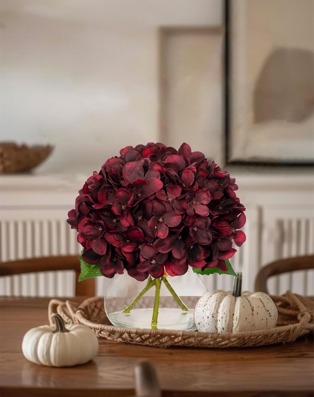 Hollyone Dark Red Fall Hydrangea Artificial Flowers for Decoration in Glass Vase Autumn Silk Faux