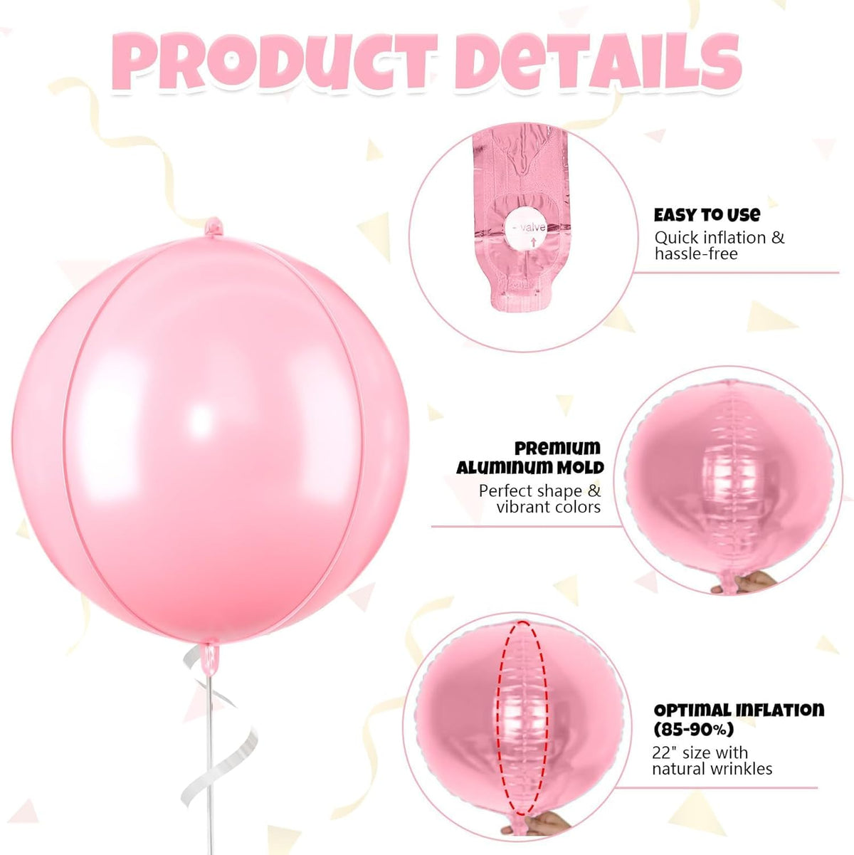 Giant 4D Foil Balloons, 6Pcs Large Metallic Pastel Pink Round Balloons, 22 Inch Big Round Foil