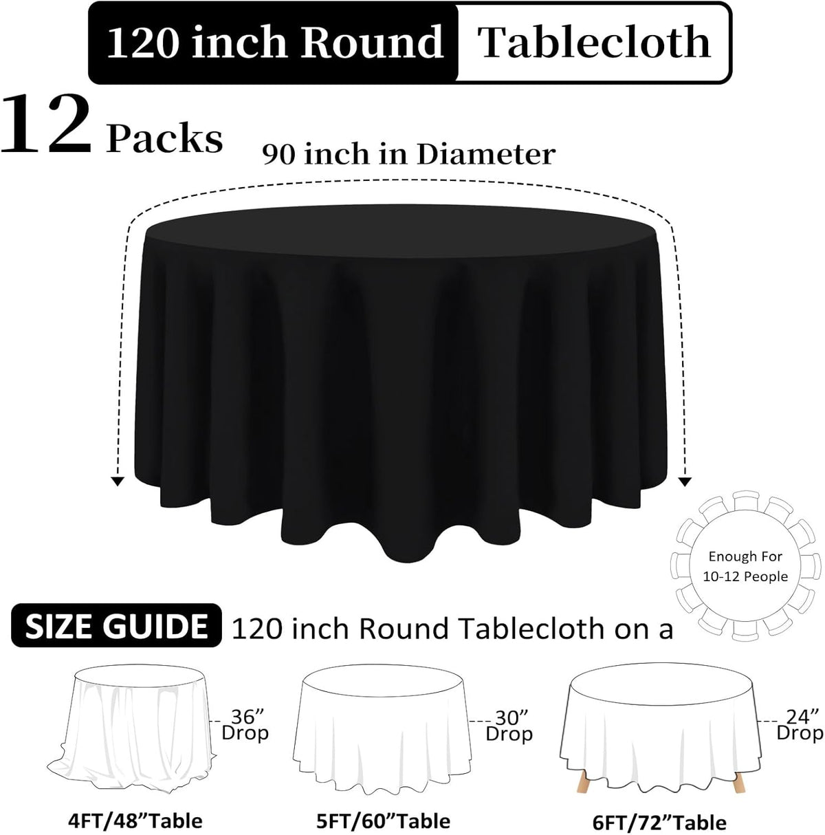 12 Pack Black Round Tablecloth 120 Inch Black Table Cloth Stain and Wrinkle Resistant Reusable and