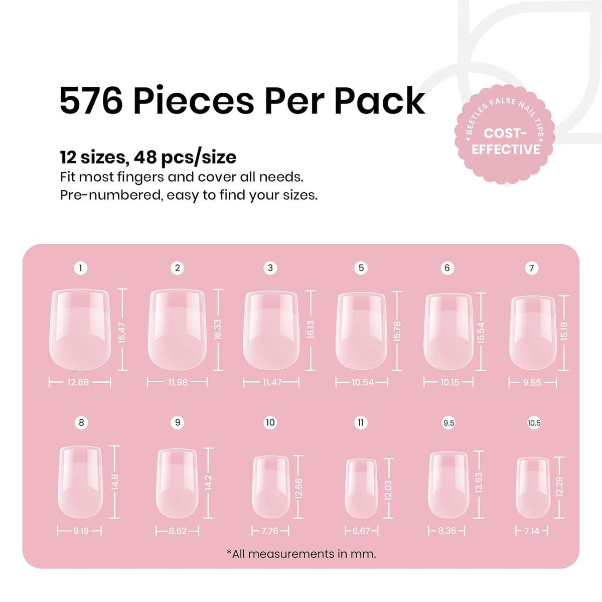 Beetles Short Square Nail Tips: 576PCS 12 Sizes XS Short Square Half Matte Clear False Acrylic