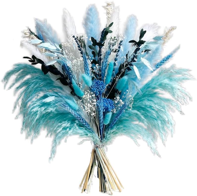 Blue Dried Flowers Bouquet with Pampas Grass - Boho Home Decor and DIY Floral Arrangements for