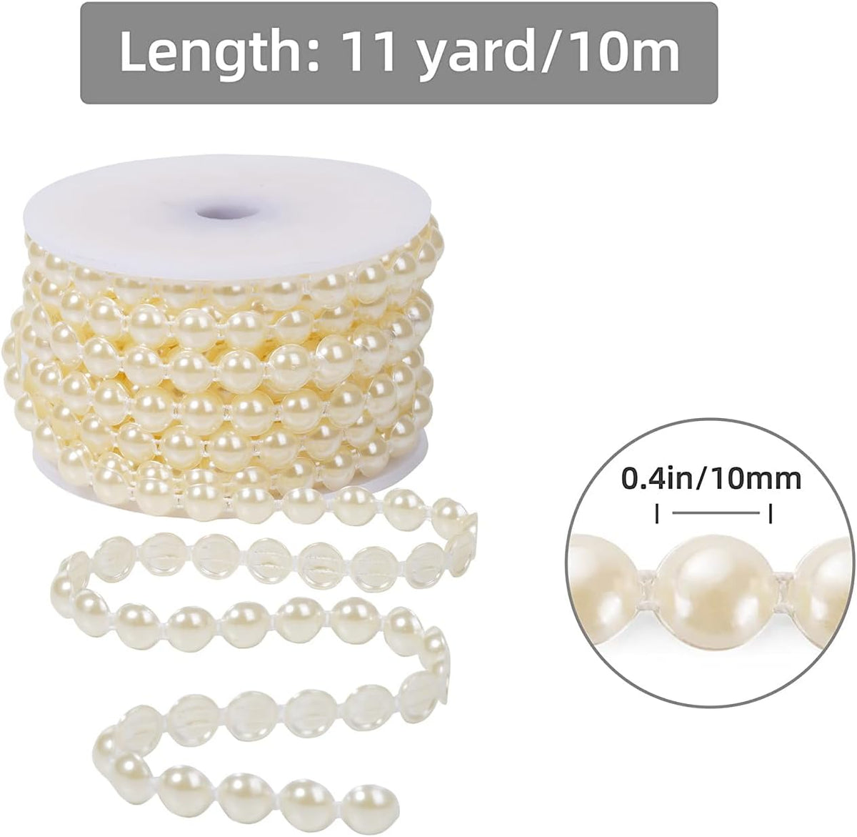 10mm Pearl Garland Half-Round 11 Yards Flat Craft Pearls Bead String Roll Strand for Wedding Party