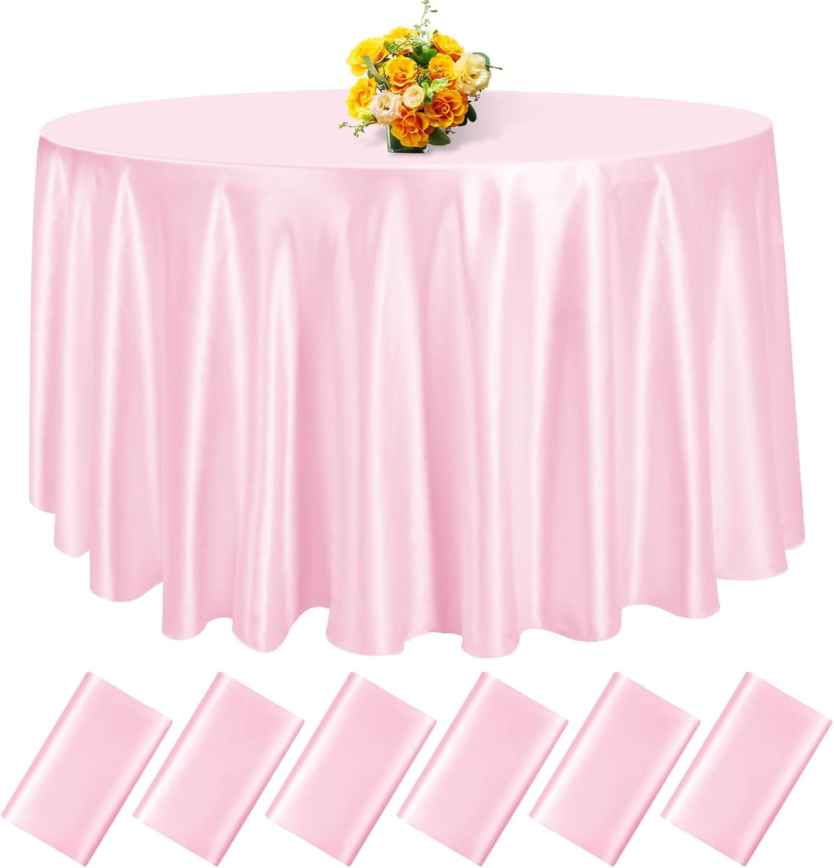 fani 6 Pack 120 Inch Light Pink Satin Tablecloth - Silky Round Tablecloth Overlay Smooth Fabric